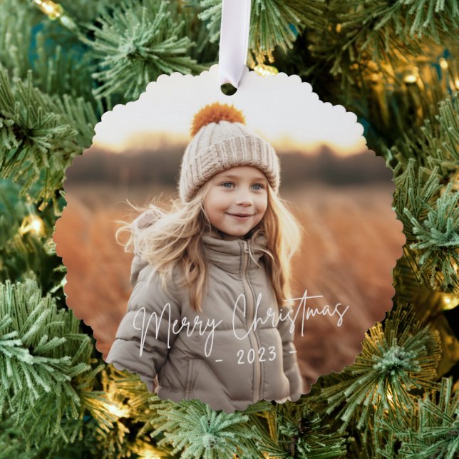 Merry Christmas simple elegant photo pine green Ornament Card (Insitu (Tree))