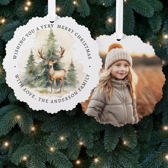 Merry Christmas simple elegant photo pine green Ornament Card (Merry Christmas simple elegant photo pine green Ornament Card)