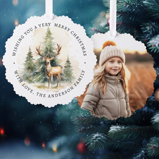 Merry Christmas simple elegant photo pine green Ornament Card (Merry Christmas simple elegant photo pine green Ornament Card)
