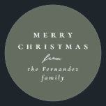 Merry Christmas simple elegant sage green holiday Classic Round Sticker<br><div class="desc">Designed to coordinate with the Lea Delaveris Design holiday herringbone collection, this chic sage green personalized Merry Christmas sticker is the perfect touch for all your Christmas gifts. The trendy and sophisticated sage green background is versatile and coordinates with a variety of wrapping paper designs (though this matches perfectly with...</div>