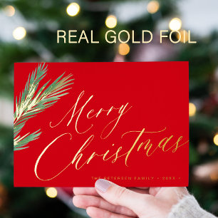 Merry Christmas simple elegant script red gold Foil Holiday Card