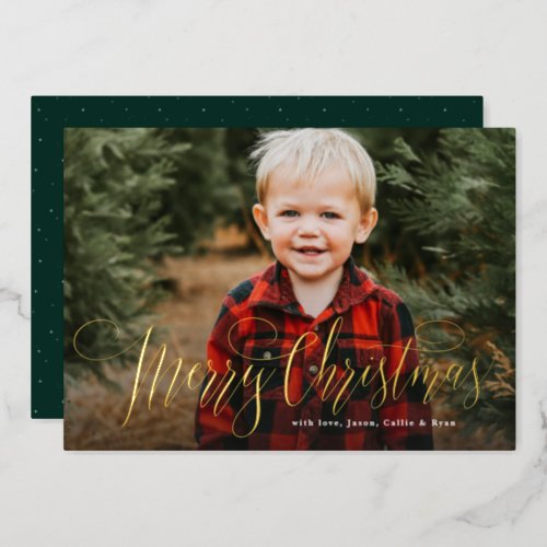 Merry Christmas simple green one photo family Foil Holiday Card