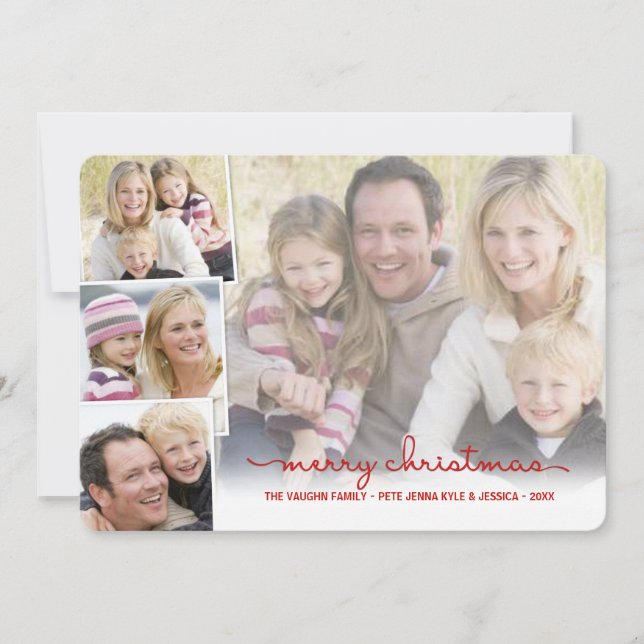 Merry Christmas Simple Hand Lettered Photo Collage Holiday Card (Front)