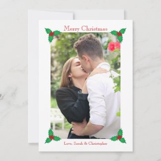 Merry Christmas Simple Holly Vertical Photo Holiday Card