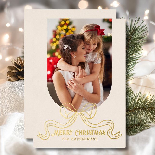 Merry Christmas Simple Modern Coquette Bow Photo Foil Holiday Card (Creator Uploaded)