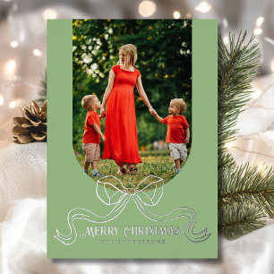 Merry Christmas Simple Modern Coquette Bow Photo Foil Holiday Card