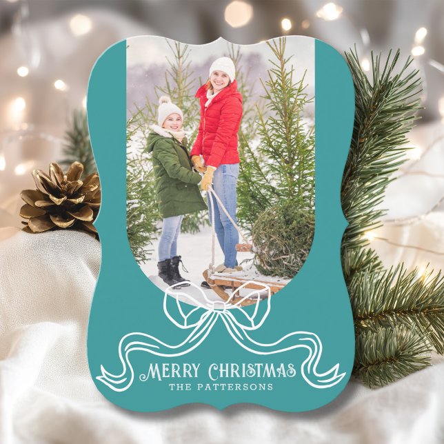 Merry Christmas Simple Modern Coquette Bow Photo Holiday Card (Creator Uploaded)