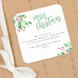 Merry Christmas simple modern family name Square Sticker<br><div class="desc">Modern stylish Merry Christmas green handwritten calligraphy script simple trendy sticker gift label with your custom personalized text and signature featuring watercolor botanical greenery and holy berries.</div>