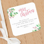 Merry Christmas simple modern family name Square Sticker<br><div class="desc">Modern stylish Merry Christmas red handwritten calligraphy script simple trendy sticker gift label with your custom personalized text and signature featuring watercolor botanical greenery and holly berries.</div>
