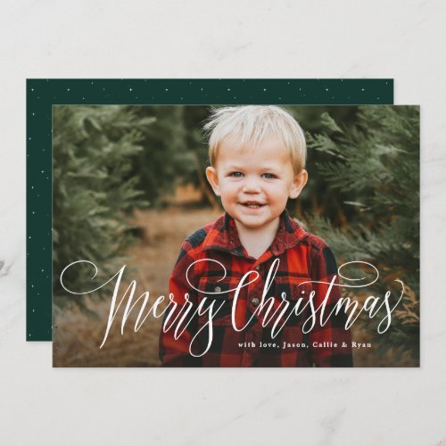 Merry Christmas simple one photo green family Holiday Card