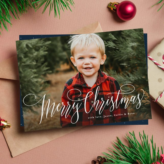 Merry Christmas simple one photo navy blue Holiday Card (Creator Uploaded)
