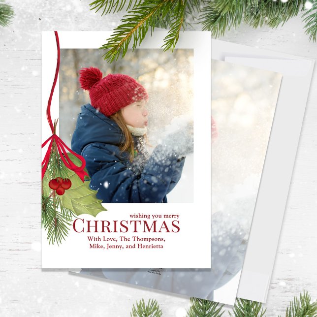 Merry Christmas Simple Photo Red Holly Berries  Holiday Card (Merry Christmas Holly red calligraphy script and greenery photo card.)