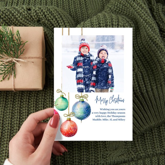 Merry Christmas Simple Photo Watercolor Ornaments Holiday Card (Whimsical and creative Merry Christmas photo cards)