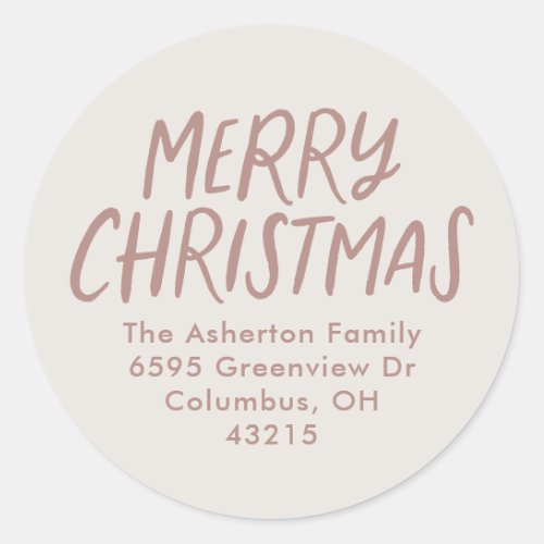 Merry Christmas simple pink holiday return address Classic Round Sticker