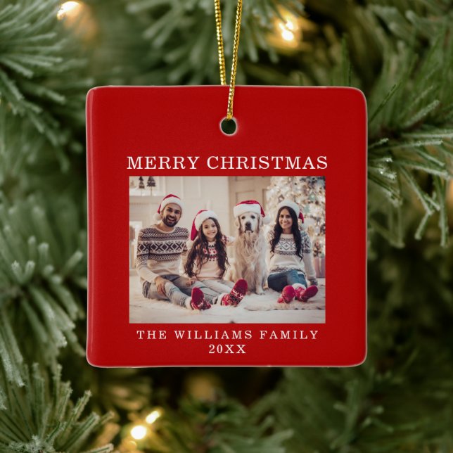Merry Christmas Simple Red Holiday Ceramic Ornament (Tree)