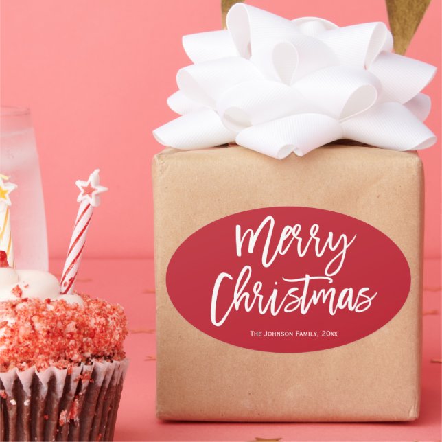 Merry Christmas Simple Red Oval Stickers (Party)