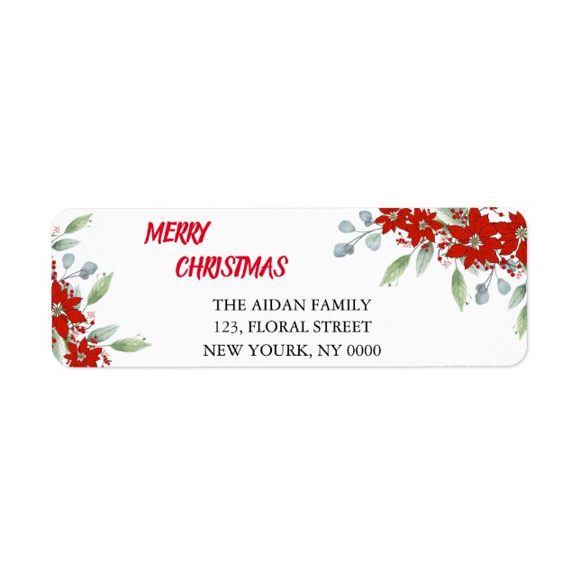 Merry Christmas Simple Red Poinsettia Floral Label (Front)