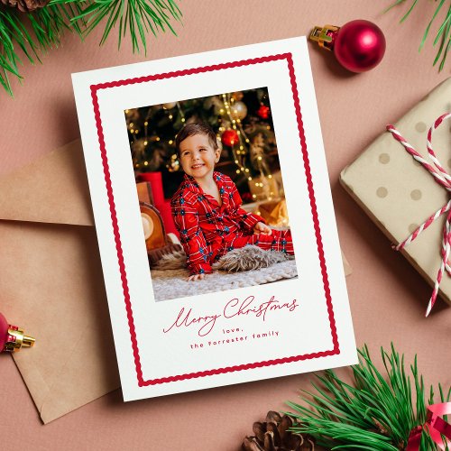 Merry Christmas simple red wavy frame photo Holiday Card