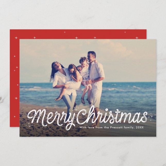 Merry Christmas simple retro script one photo Holiday Card (Front/Back)