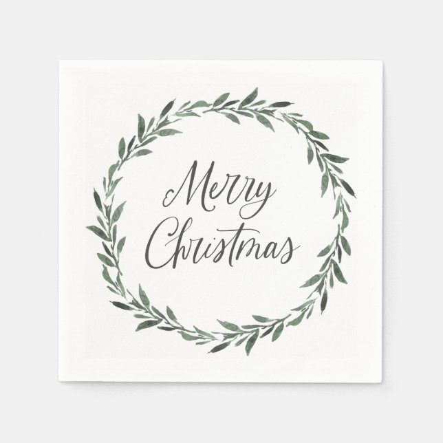 Merry Christmas Simple Rustic Watercolor Greenery Napkins (Front)