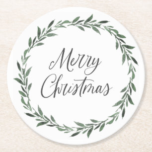 Merry Christmas Simple Rustic Watercolor Greenery Round Paper Coaster