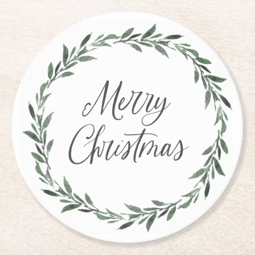 Merry Christmas Simple Rustic Watercolor Greenery Round Paper Coaster