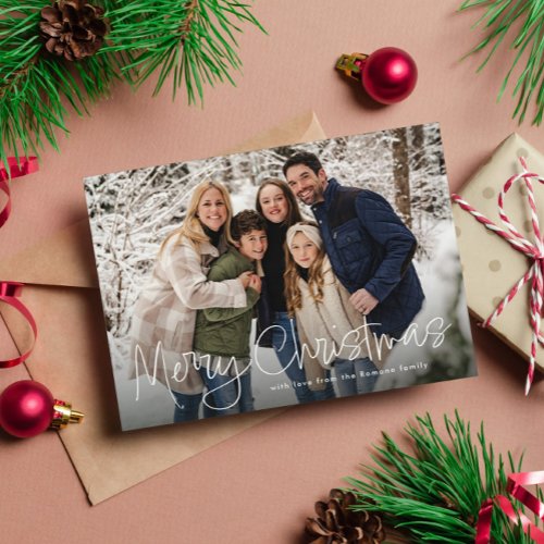 Merry Christmas simple script four photo green Holiday Card