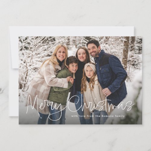 Merry Christmas simple script red four photo Holiday Card