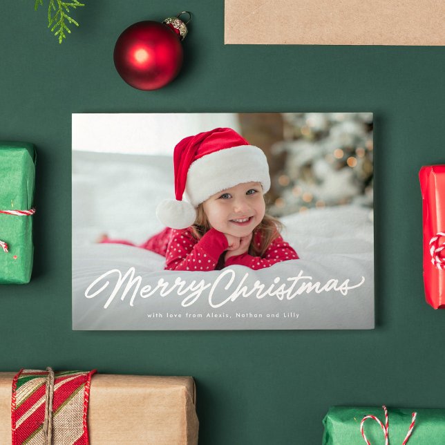 Merry Christmas simple script two photo Holiday Card (Creator Uploaded)