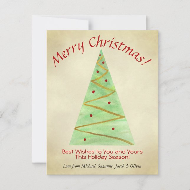 Merry Christmas! Simple Watercolor Christmas Tree Holiday Card (Front)