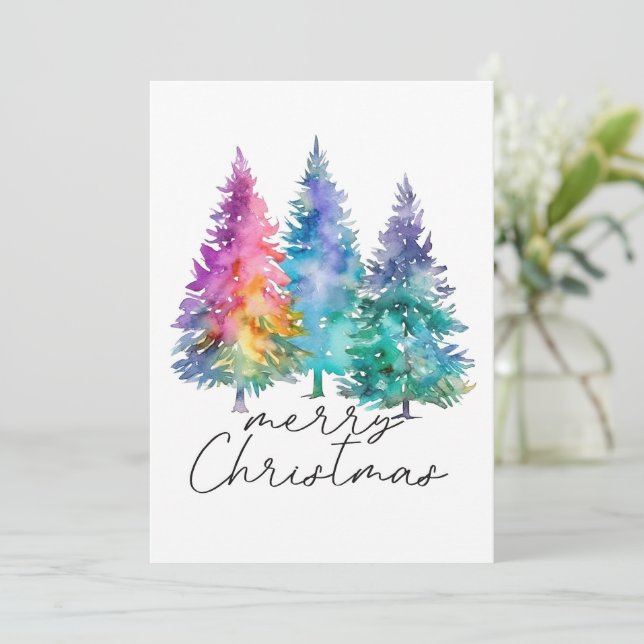 Merry Christmas simple watercolor christmas trees  Holiday Card (Standing Front)