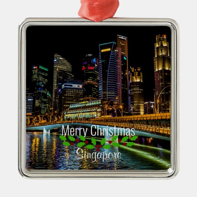 Merry Christmas Singapore Skyline, Metal Ornament (Front)