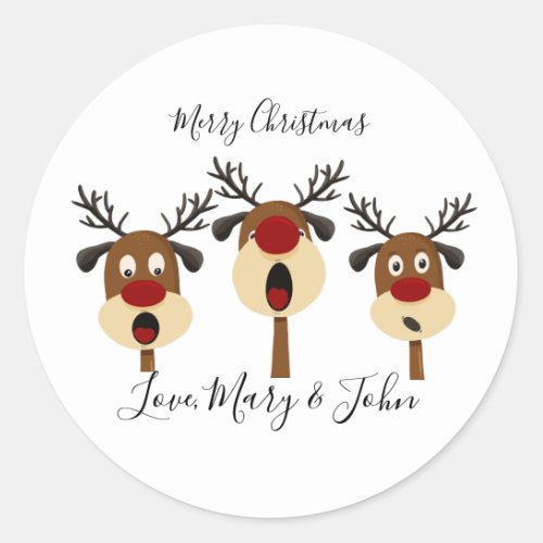 merry christmas singing reindeer  classic round sticker