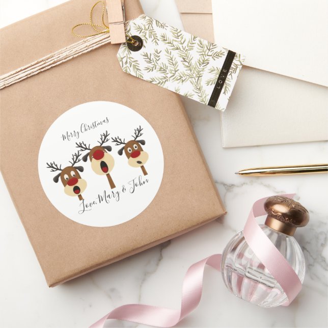 merry christmas singing reindeer  classic round sticker (Gifting)