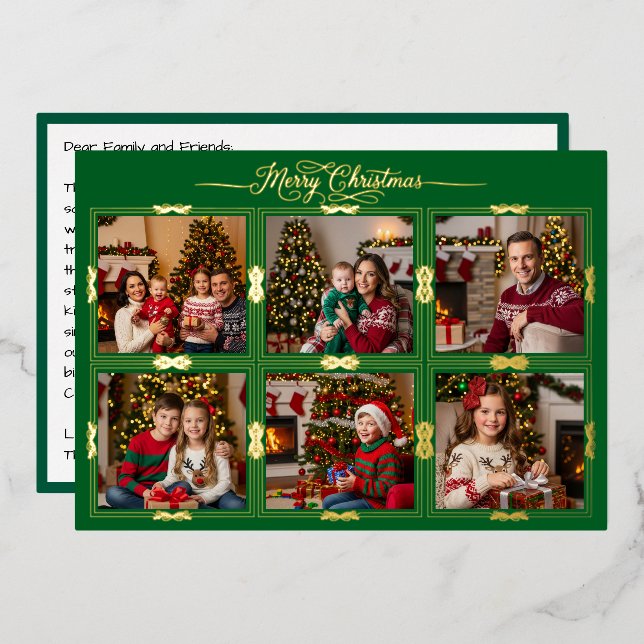 Merry Christmas Six Framed Pictures Front Green Foil Holiday Card (Front/Back)