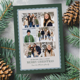 Merry Christmas six photo collage green blue Holiday Card