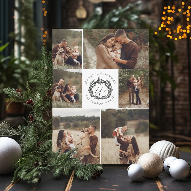 Merry Christmas Six Photo Garland Wreath Monogram Holiday Card (Merry Christmas Six Photo Garland Wreath Monogram Holiday Card)
