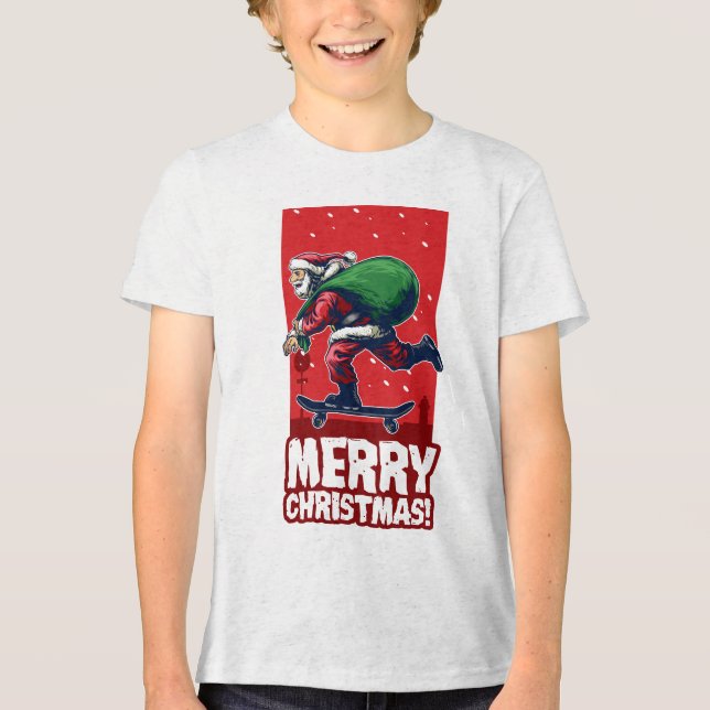 Merry Christmas Skateboarding Santa | Holidays Tri-Blend Shirt (Front)