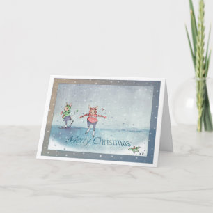 Merry Christmas Skating Rabbits Christmas Card