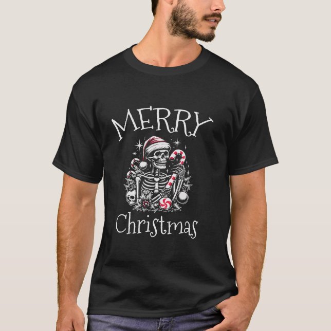 Merry Christmas Skeleton Santa Candy Cane  T-Shirt (Front)