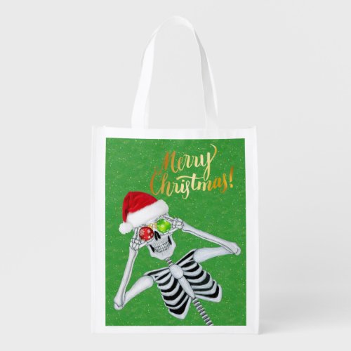 Merry Christmas Skeleton Santa Hat Ornaments Green Grocery Bag