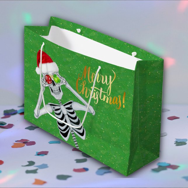 Merry Christmas Skeleton Santa Hat Ornaments Green Large Gift Bag (Silly skeleton ornament eye, red Santa hat,Gold Merry Christmas on green Christmas gift bag.)