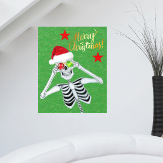Merry Christmas Skeleton Stars Green Gold Flecks Wall Decal
