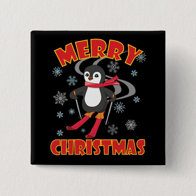 Merry Christmas Skiing Penguin Button (Front)