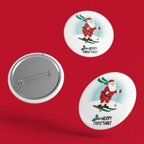 Merry Christmas Skiing Santa Claus  Holidays Button