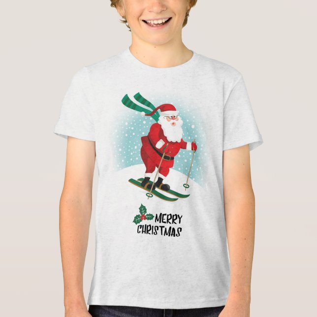 Merry Christmas Skiing Santa Claus | Holidays Tri-Blend Shirt (Front)