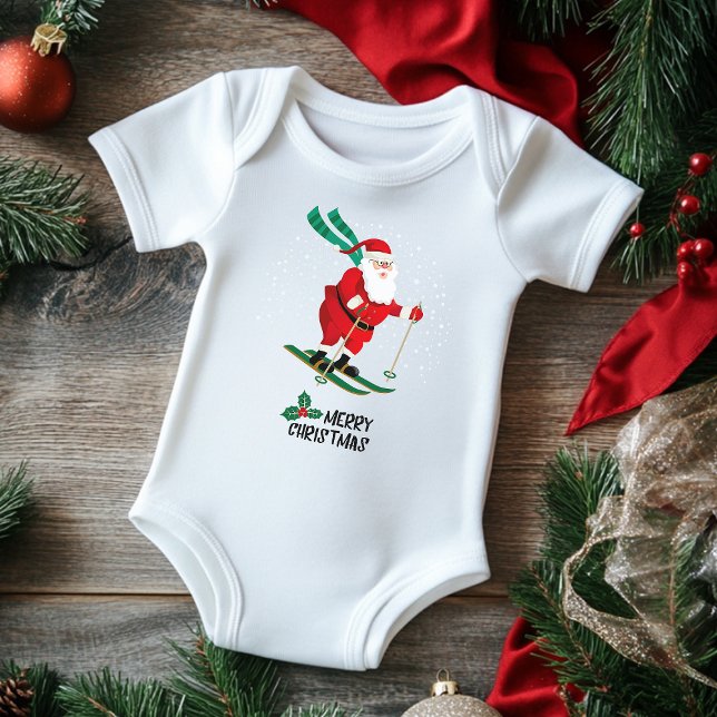 Merry Christmas Skiing Santa Claus Winter Holidays Baby Bodysuit (Creator Uploaded)
