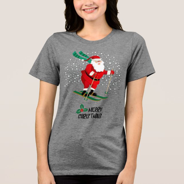 Merry Christmas Skiing Santa Claus Winter Holidays Tri-Blend Shirt (Front)