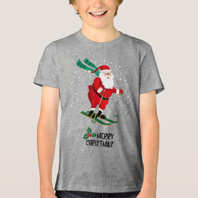 Merry Christmas Skiing Santa Claus Winter Holidays Tri-Blend Shirt (Front)
