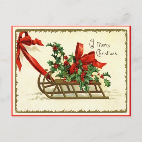 Merry Christmas Sled Vintage Reproduction Postcard